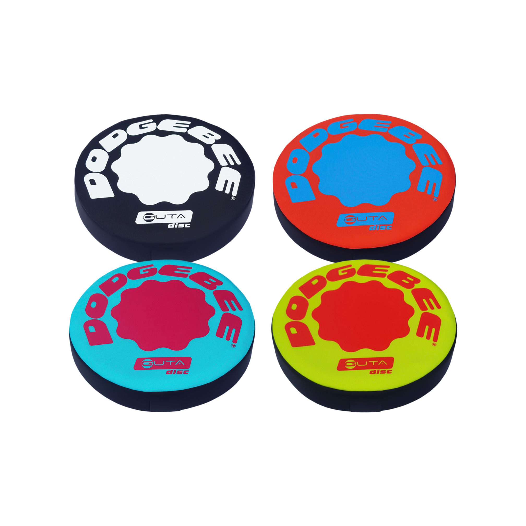 4 dodgebees in de kleuren zwart, rood, blauw en geel.