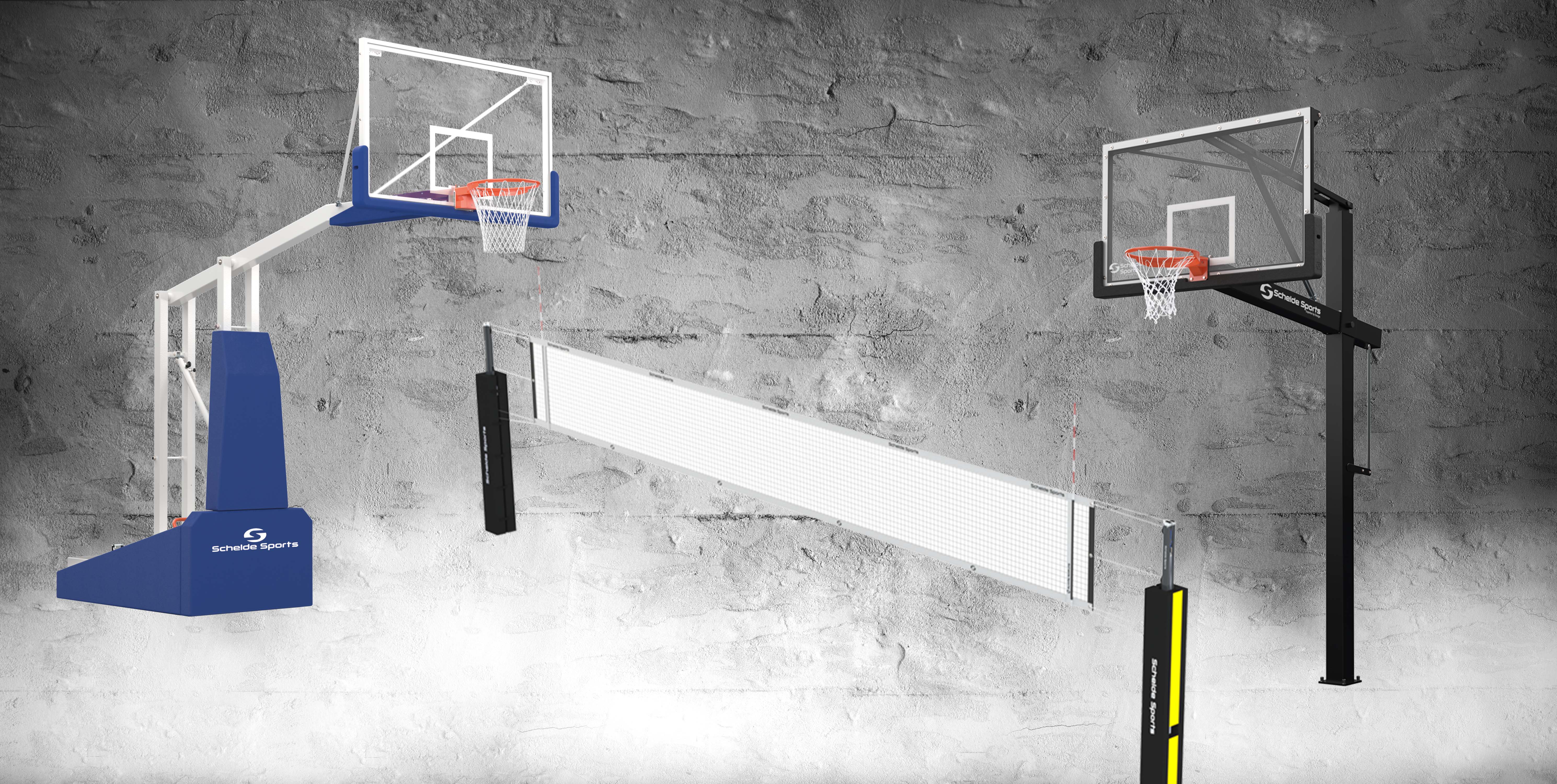 EasySAM backstop, Urban Court Slammer Flex backstop and Beach Volleyball set. Grey background with wall texture. EasySAM backstop, Urban Court Slammer Flex backstop and Beach Volleyball set. Grey background with wall texture.