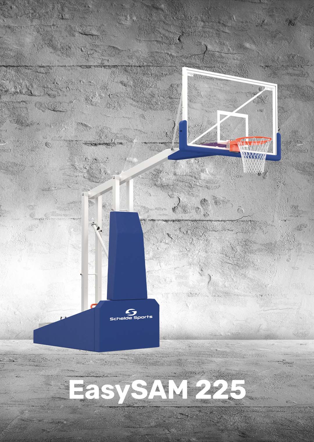 EasySAM 225 text. EasySAM 225 backstop basketball picture. Background: grey with wall structure. EasySAM 225 text. EasySAM 225 backstop basketball picture. Background: grey with wall structure.