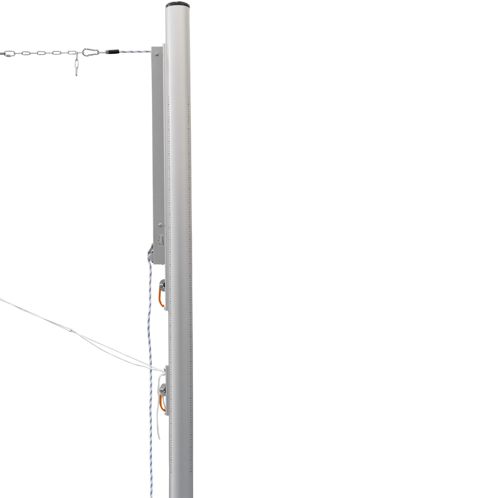 Volleyball post with built-in rope/tensioning pulley