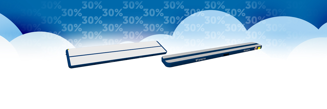 30% korting op onze Airtrack Maximum tumblingbanen en Air Beam evenwichtsbalken