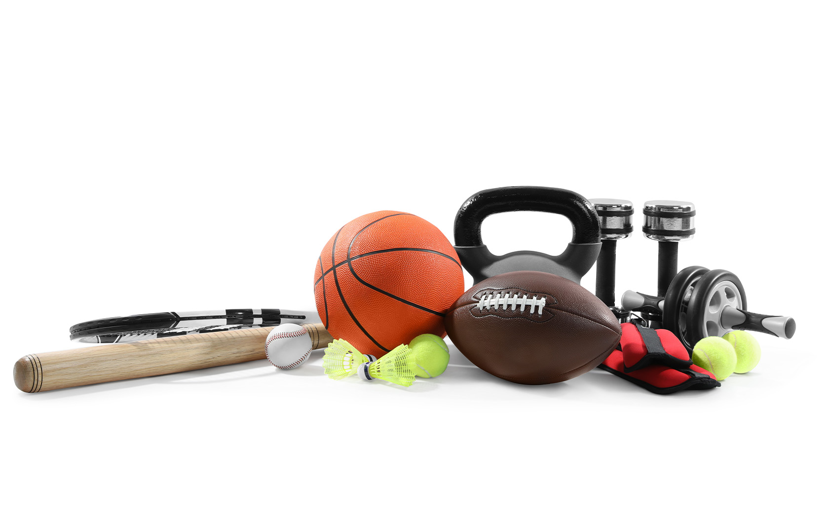 Sortiment Basketball, Rugby, Gewichte und mehr