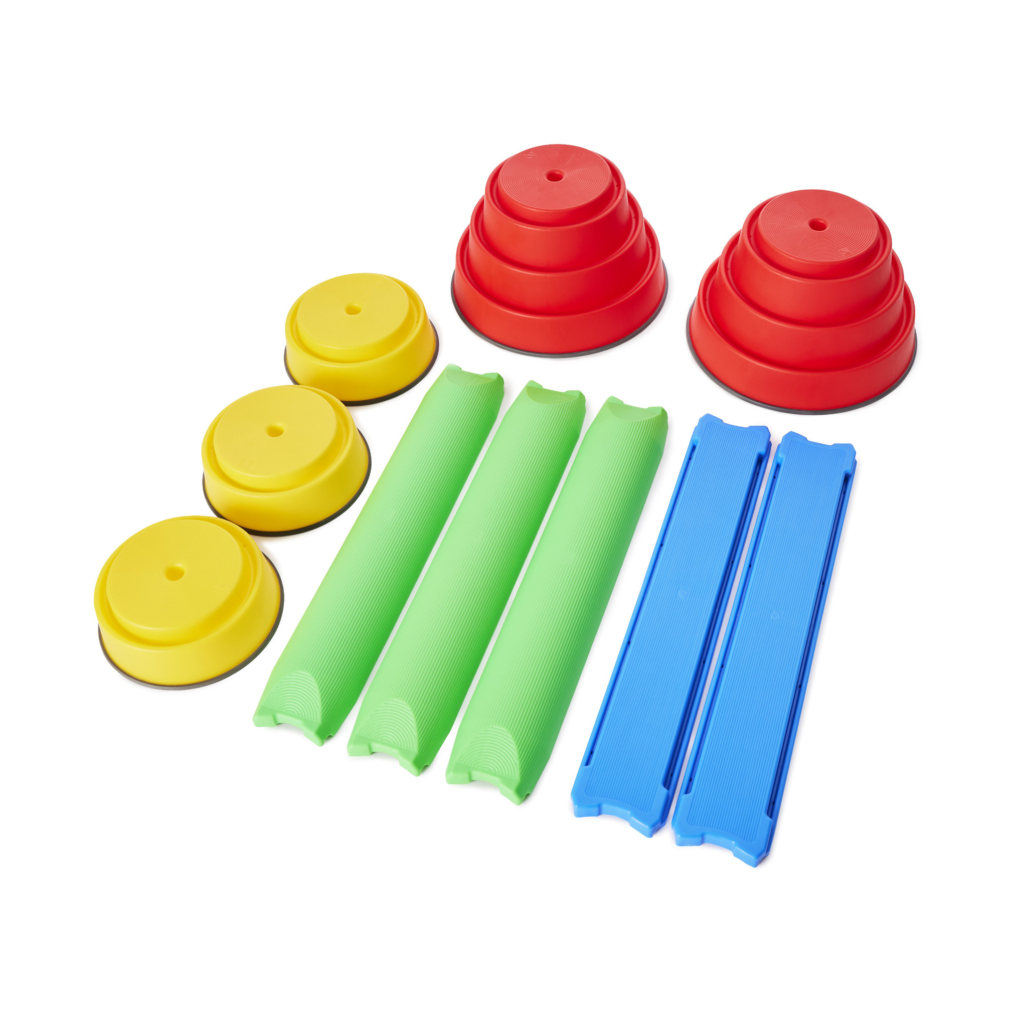 Build 'N Balance Starter Set met 2 rode hoge  basis, 3 gele lage basis, 3 groene planken en 2 blauwe planken