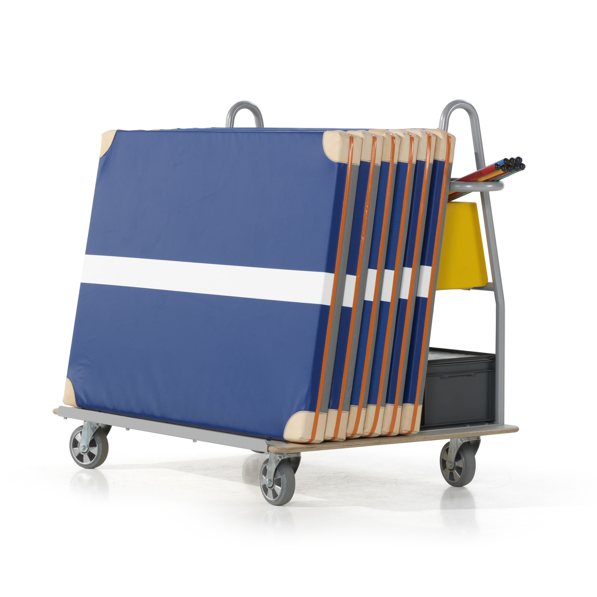 Vertical mat trolley with extra storage space